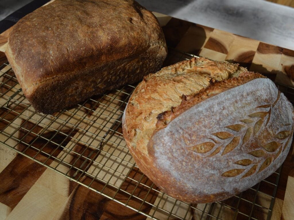 Two sourdough loaves on cooling rack