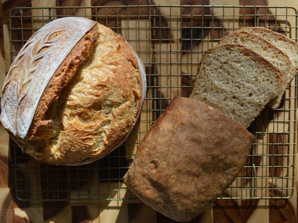 two sourdough bread loaves on cooling rack