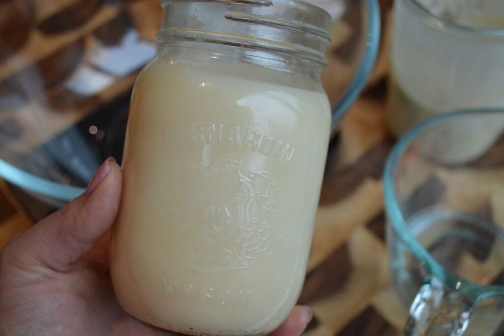 Jar of lard being held up by hand