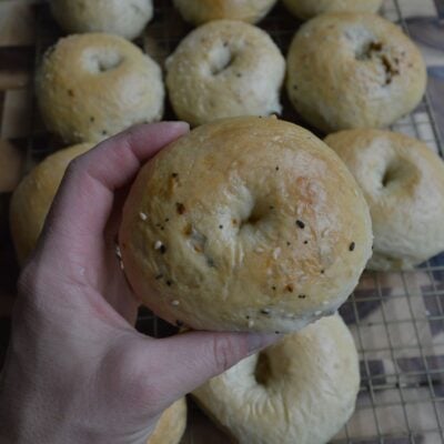 hand holding homemade sourdough bagel up