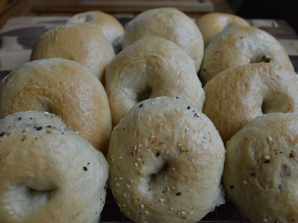 Homemade sourdough bagels stacked