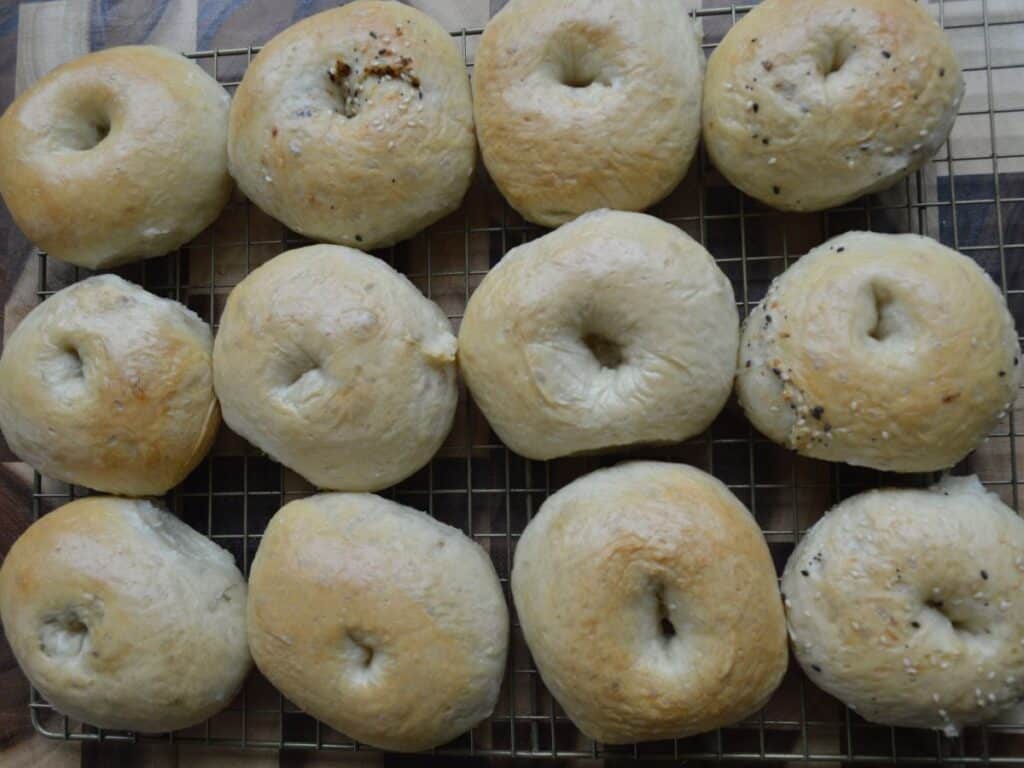 Homemade sourdough bagels on cooling rack