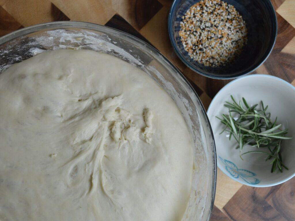 Sourdough bagel dough with spices and rosemary