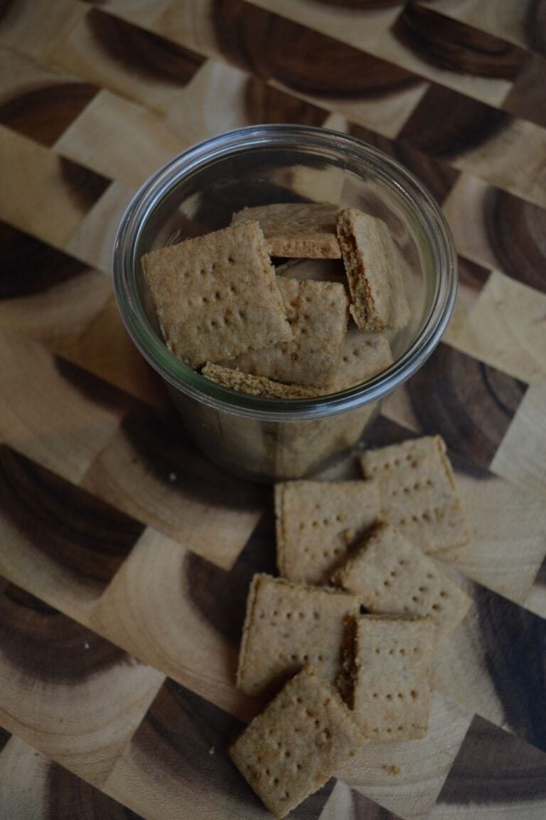 Homemade sourdough graham crackers in a jar