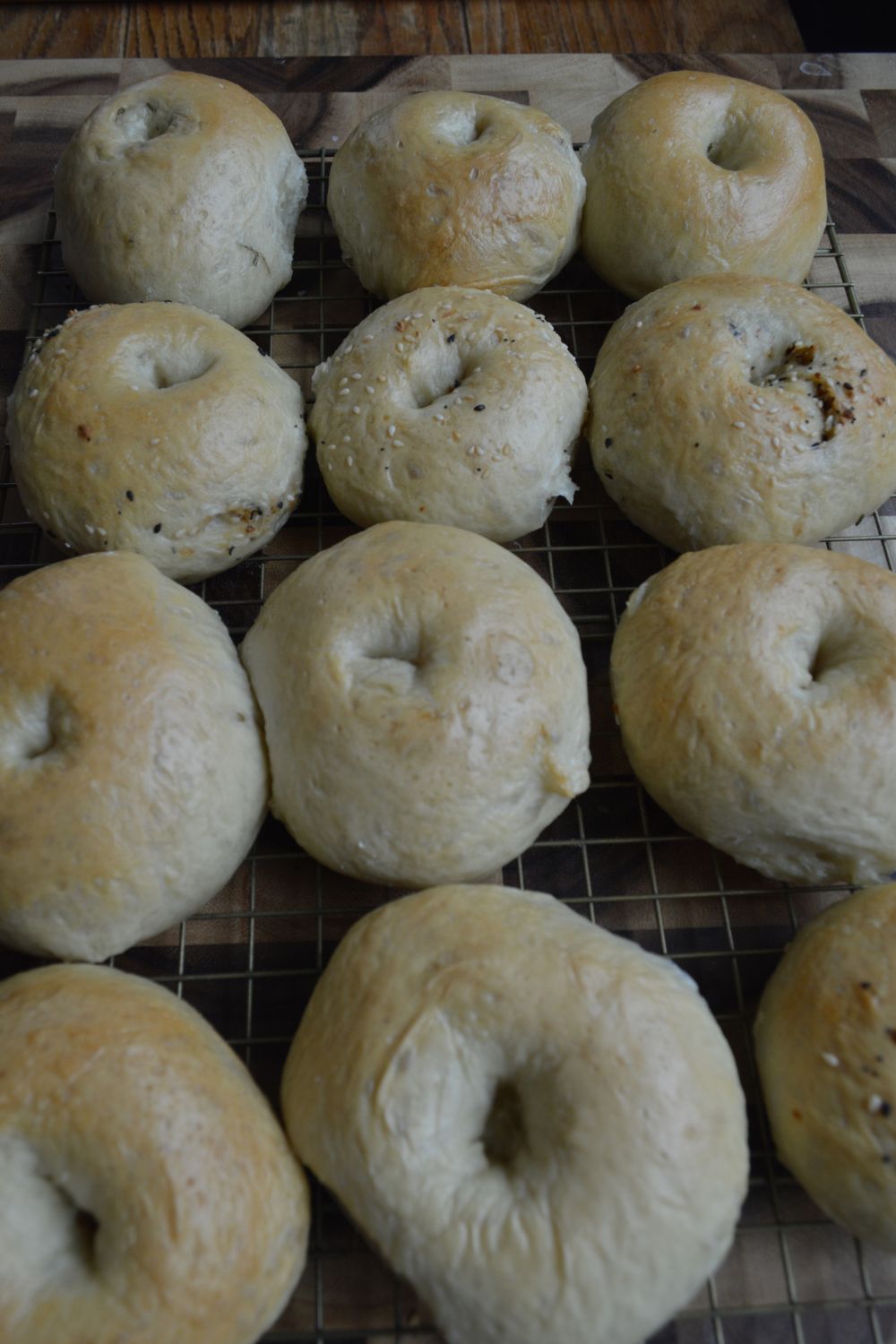 Homemade Sourdough Bagels on cooling rack